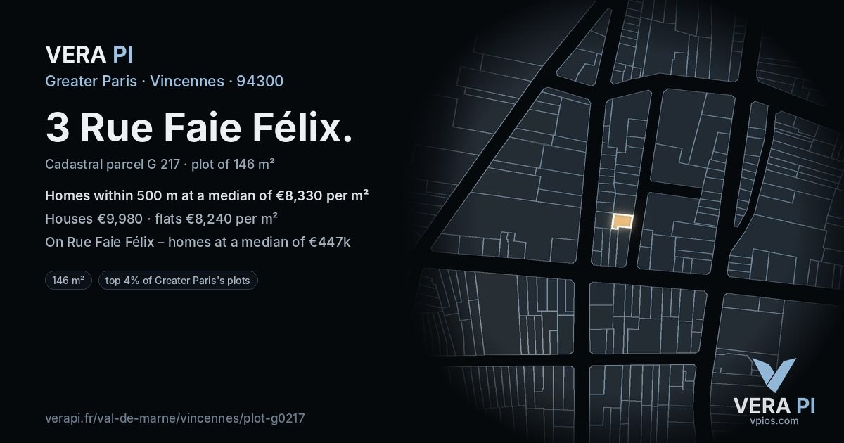 3 Rue Faie Félix, Vincennes at night – the plot lit, the parcels around coloured by the prices near them