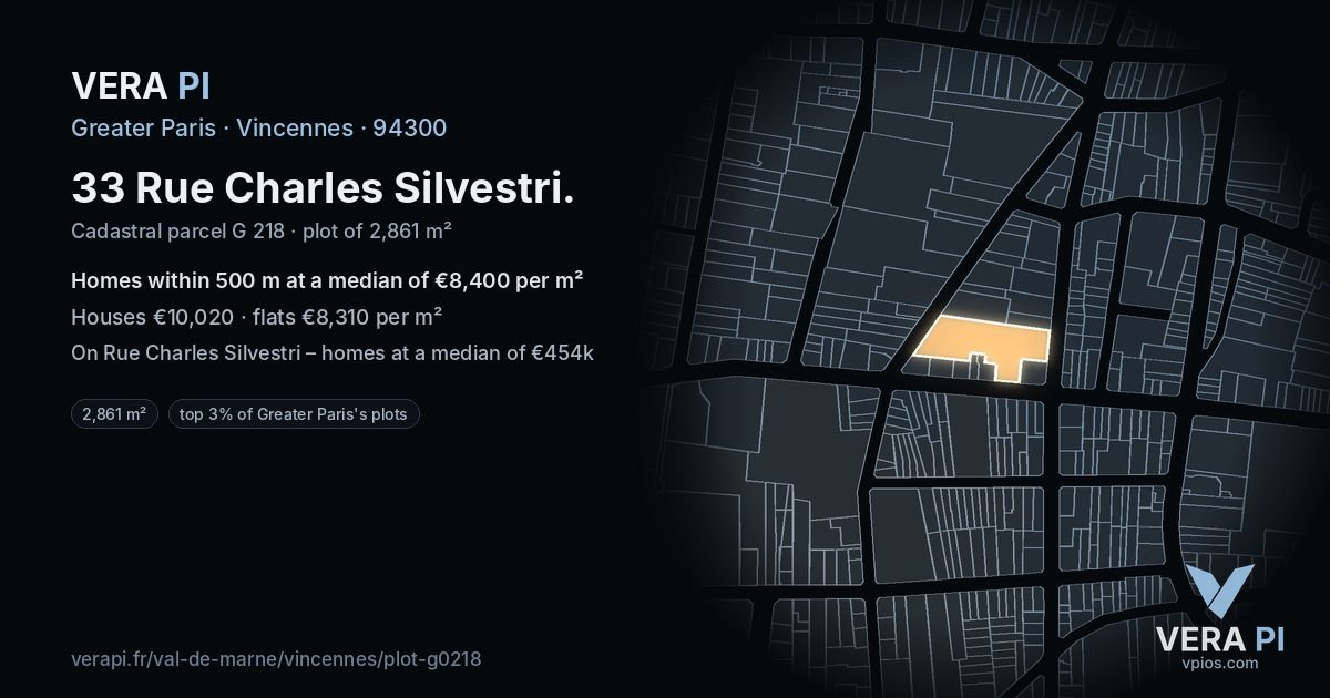 33 Rue Charles Silvestri, Vincennes at night – the plot lit, the parcels around coloured by the prices near them