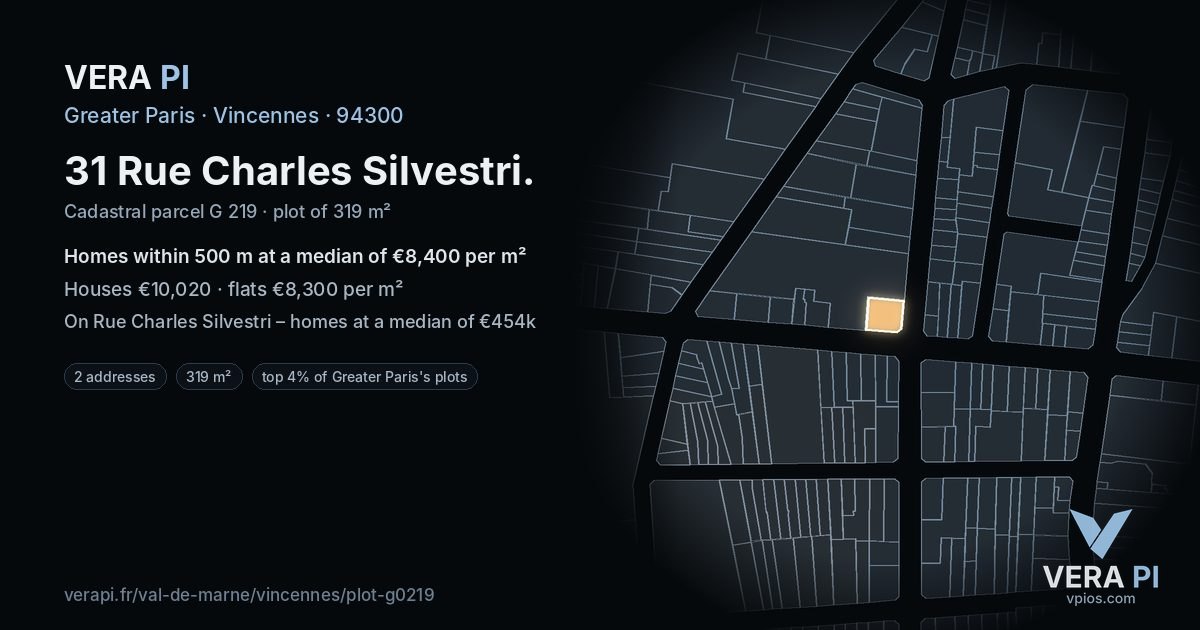 31 Rue Charles Silvestri, Vincennes at night – the plot lit, the parcels around coloured by the prices near them