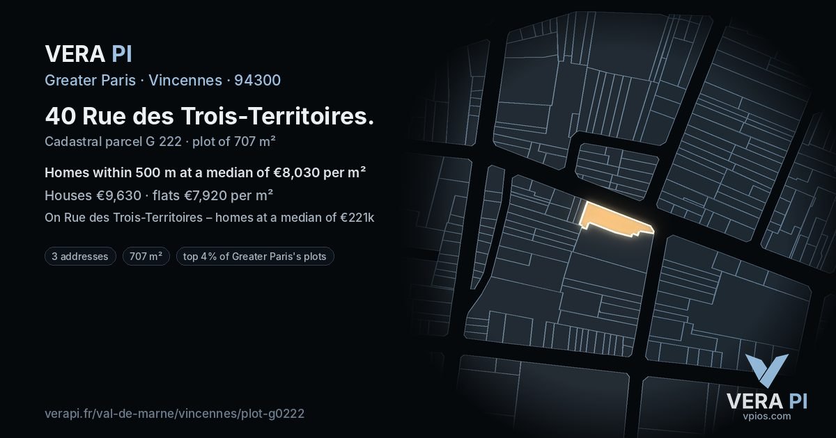 40 Rue des Trois-Territoires, Vincennes at night – the plot lit, the parcels around coloured by the prices near them