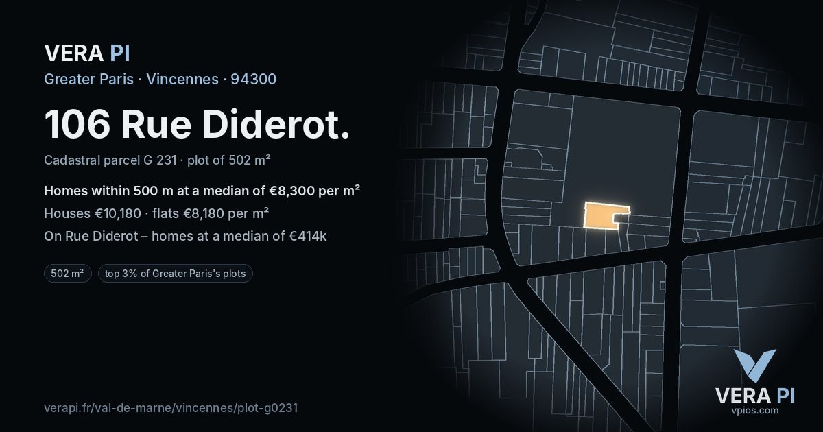106 Rue Diderot, Vincennes at night – the plot lit, the parcels around coloured by the prices near them