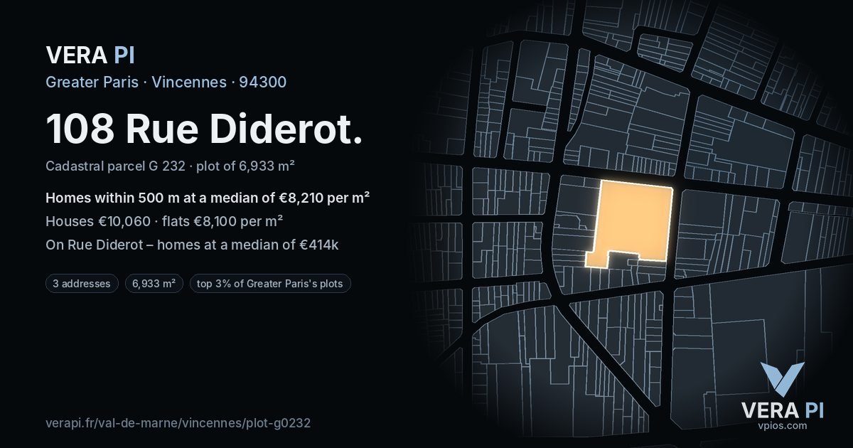 108 Rue Diderot, Vincennes at night – the plot lit, the parcels around coloured by the prices near them