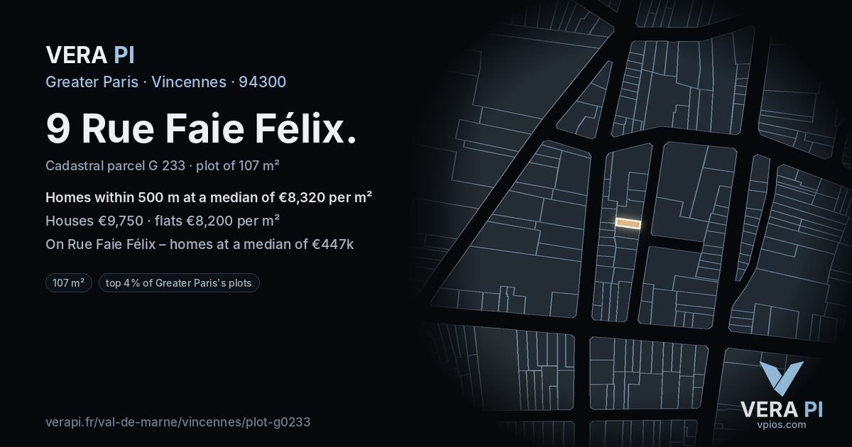 9 Rue Faie Félix, Vincennes at night – the plot lit, the parcels around coloured by the prices near them