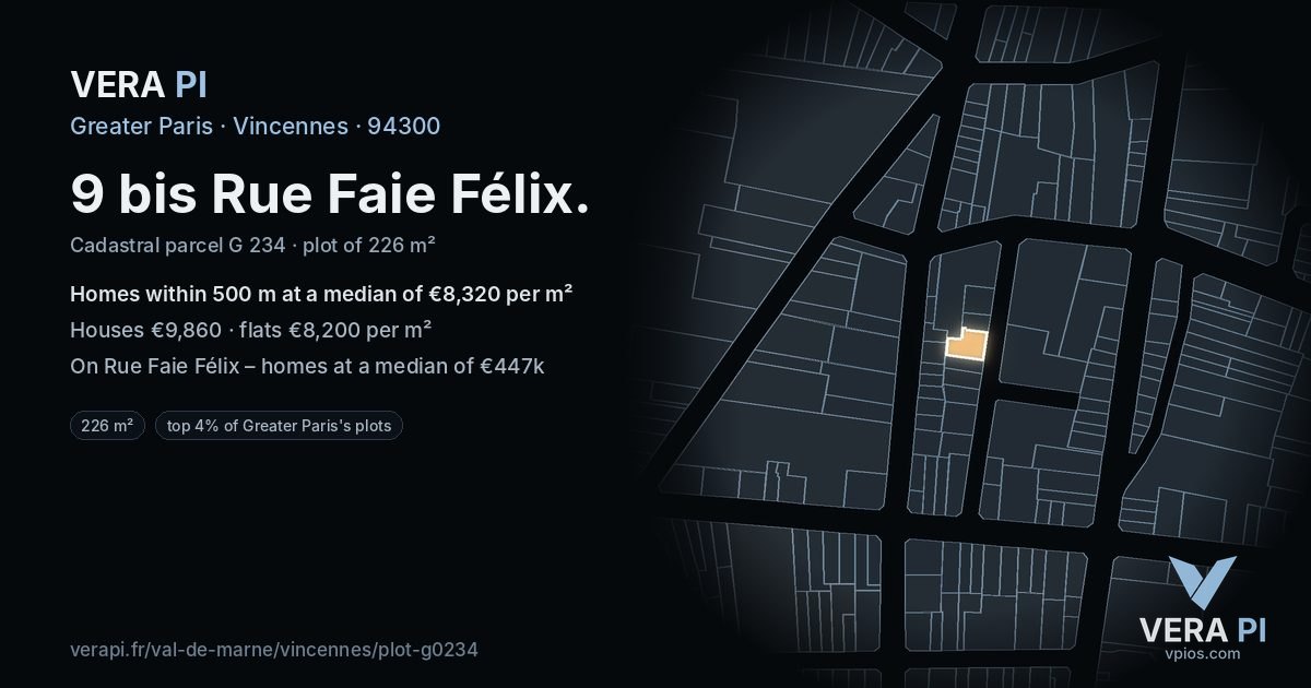9 bis Rue Faie Félix, Vincennes at night – the plot lit, the parcels around coloured by the prices near them