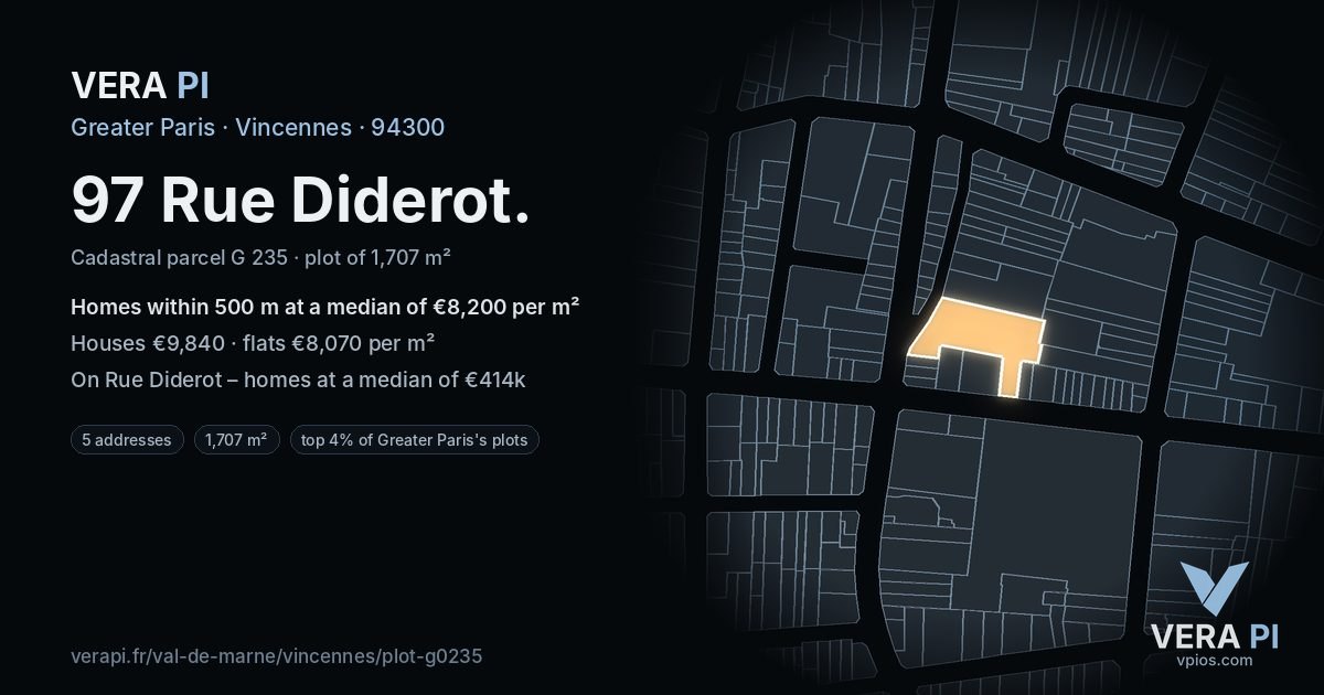 97 Rue Diderot, Vincennes at night – the plot lit, the parcels around coloured by the prices near them