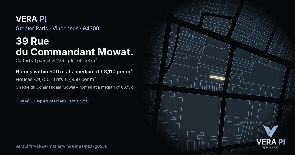 39 Rue du Commandant Mowat, Vincennes at night – the plot lit, the parcels around coloured by the prices near them