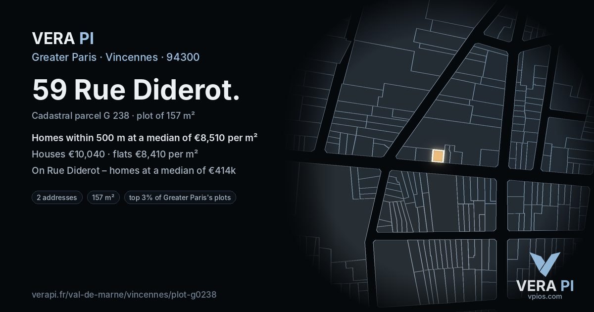 59 Rue Diderot, Vincennes at night – the plot lit, the parcels around coloured by the prices near them