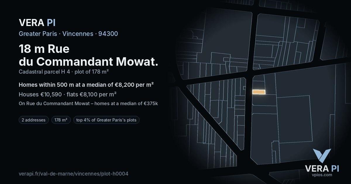 18 m Rue du Commandant Mowat, Vincennes at night – the plot lit, the parcels around coloured by the prices near them