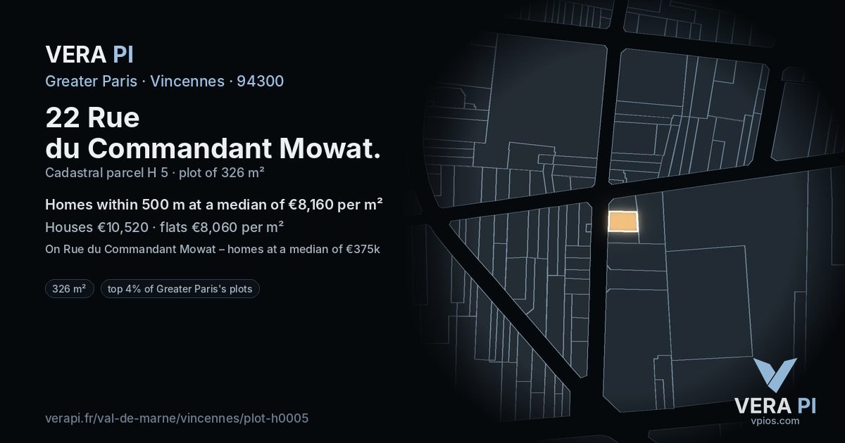 22 Rue du Commandant Mowat, Vincennes at night – the plot lit, the parcels around coloured by the prices near them