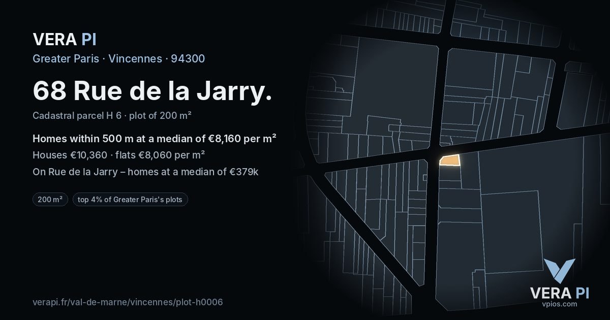 68 Rue de la Jarry, Vincennes at night – the plot lit, the parcels around coloured by the prices near them