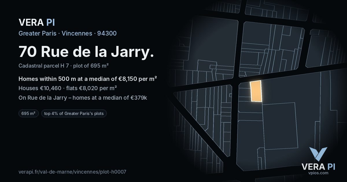 70 Rue de la Jarry, Vincennes at night – the plot lit, the parcels around coloured by the prices near them