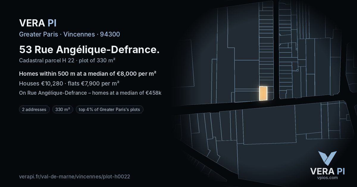 53 Rue Angélique-Defrance, Vincennes at night – the plot lit, the parcels around coloured by the prices near them