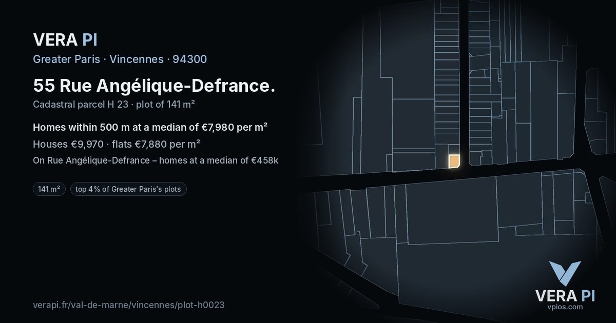55 Rue Angélique-Defrance, Vincennes at night – the plot lit, the parcels around coloured by the prices near them