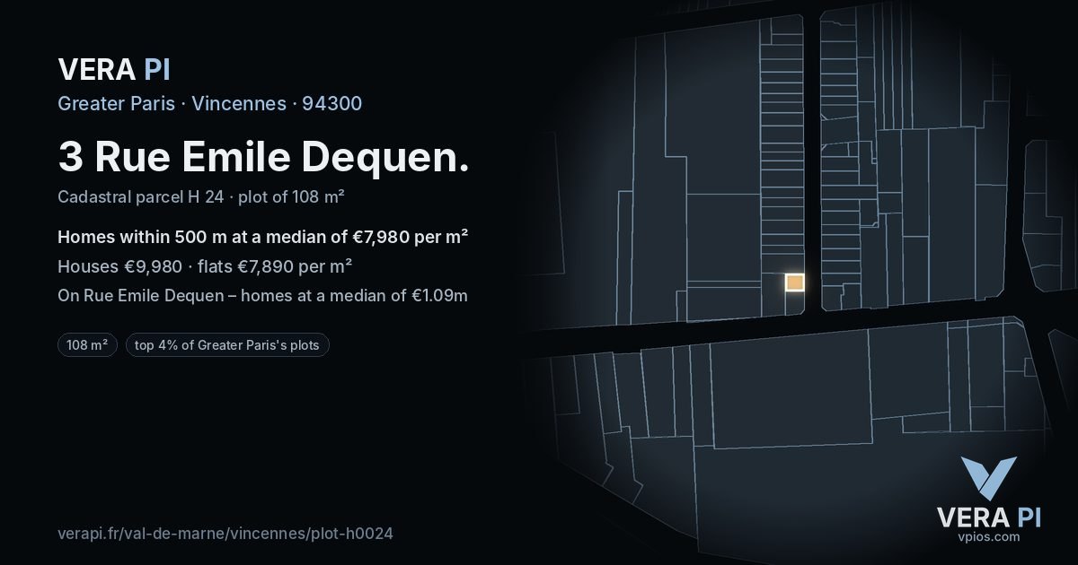 3 Rue Emile Dequen, Vincennes at night – the plot lit, the parcels around coloured by the prices near them