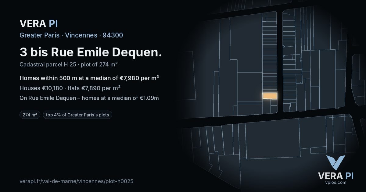 3 bis Rue Emile Dequen, Vincennes at night – the plot lit, the parcels around coloured by the prices near them