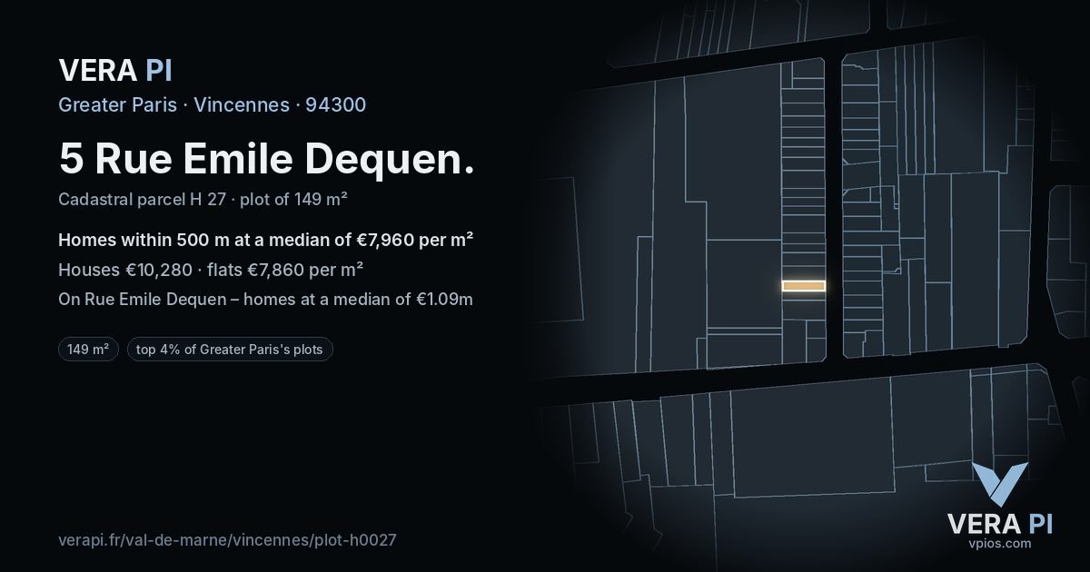 5 Rue Emile Dequen, Vincennes at night – the plot lit, the parcels around coloured by the prices near them