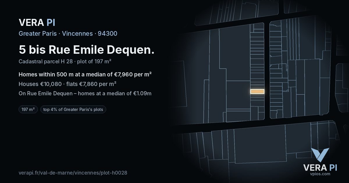 5 bis Rue Emile Dequen, Vincennes at night – the plot lit, the parcels around coloured by the prices near them