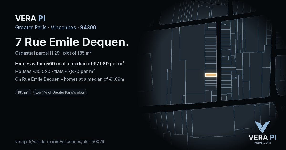 7 Rue Emile Dequen, Vincennes at night – the plot lit, the parcels around coloured by the prices near them