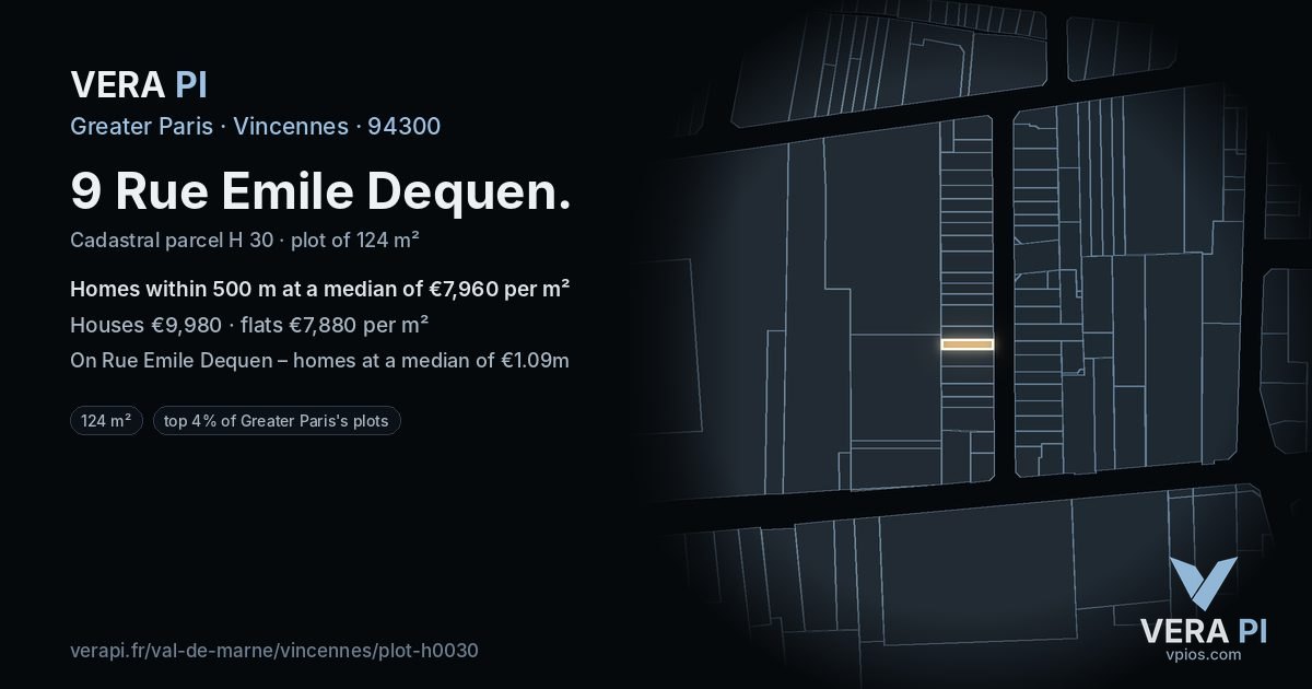 9 Rue Emile Dequen, Vincennes at night – the plot lit, the parcels around coloured by the prices near them