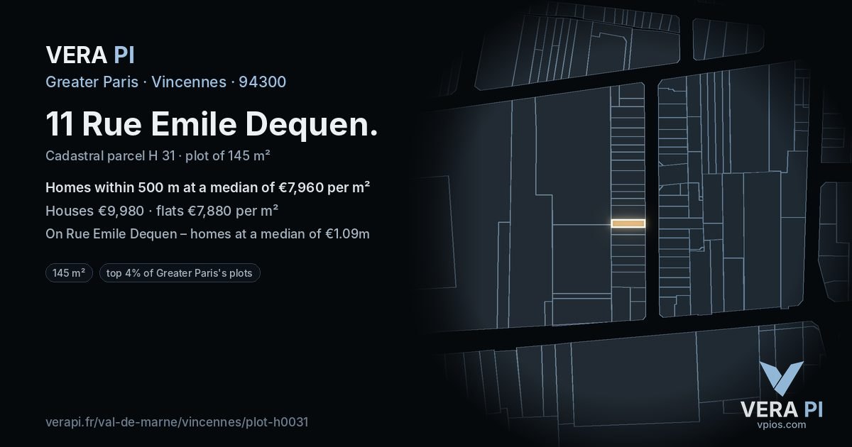 11 Rue Emile Dequen, Vincennes at night – the plot lit, the parcels around coloured by the prices near them