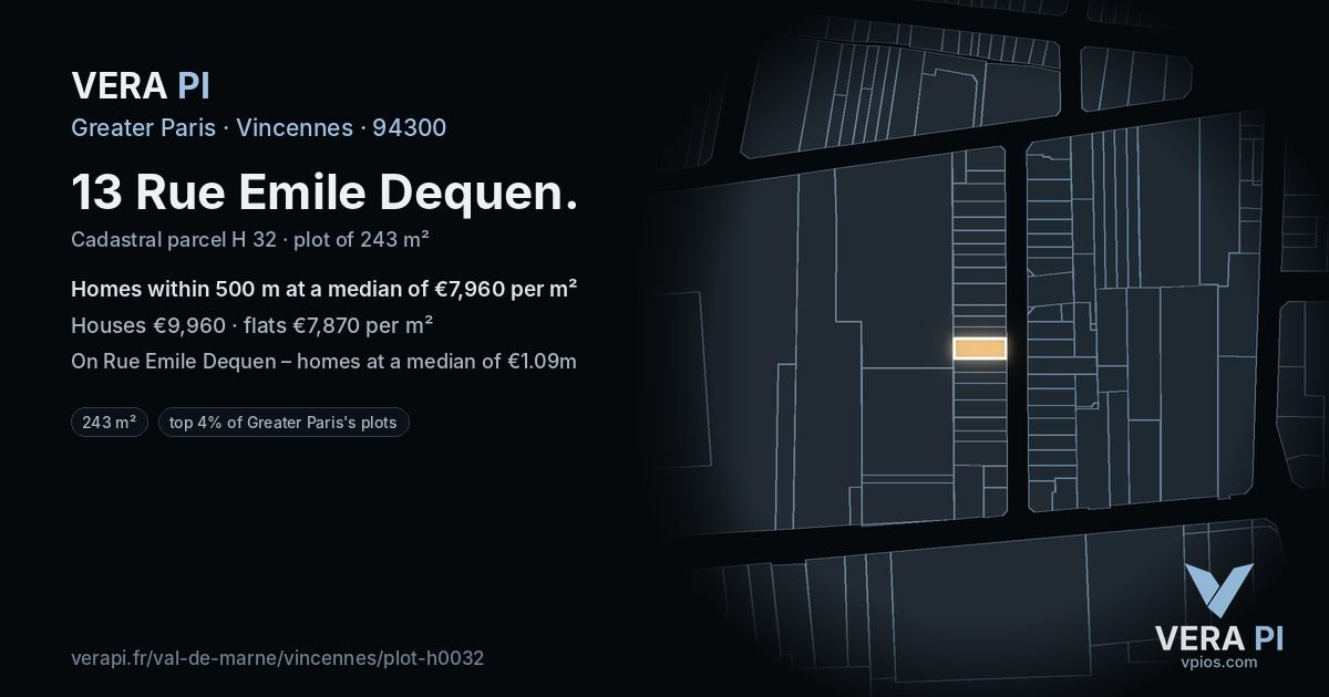 13 Rue Emile Dequen, Vincennes at night – the plot lit, the parcels around coloured by the prices near them