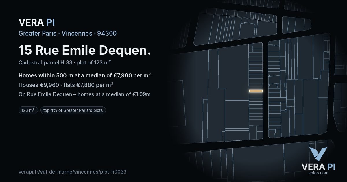 15 Rue Emile Dequen, Vincennes at night – the plot lit, the parcels around coloured by the prices near them