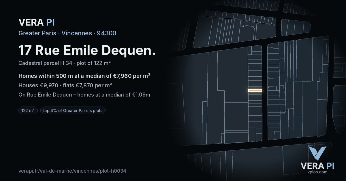 17 Rue Emile Dequen, Vincennes at night – the plot lit, the parcels around coloured by the prices near them