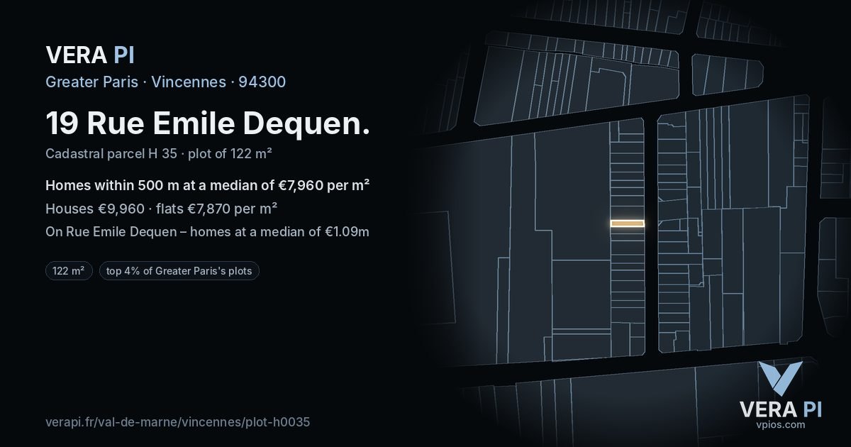 19 Rue Emile Dequen, Vincennes at night – the plot lit, the parcels around coloured by the prices near them