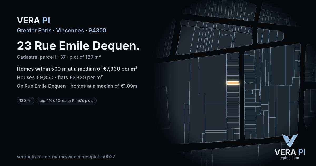 23 Rue Emile Dequen, Vincennes at night – the plot lit, the parcels around coloured by the prices near them