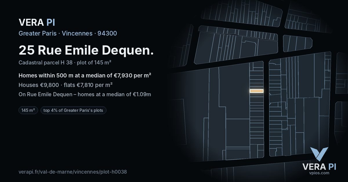 25 Rue Emile Dequen, Vincennes at night – the plot lit, the parcels around coloured by the prices near them