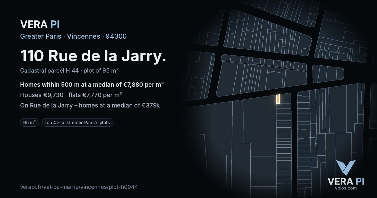 110 Rue de la Jarry, Vincennes at night – the plot lit, the parcels around coloured by the prices near them