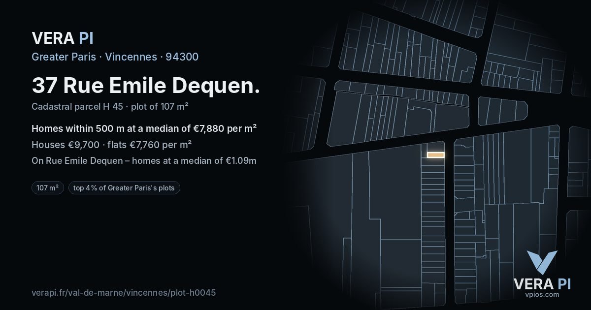 37 Rue Emile Dequen, Vincennes at night – the plot lit, the parcels around coloured by the prices near them