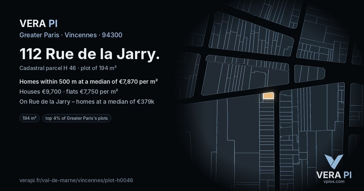 112 Rue de la Jarry, Vincennes at night – the plot lit, the parcels around coloured by the prices near them
