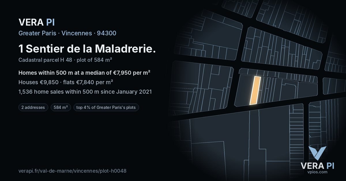 1 Sentier de la Maladrerie, Vincennes at night – the plot lit, the parcels around coloured by the prices near them