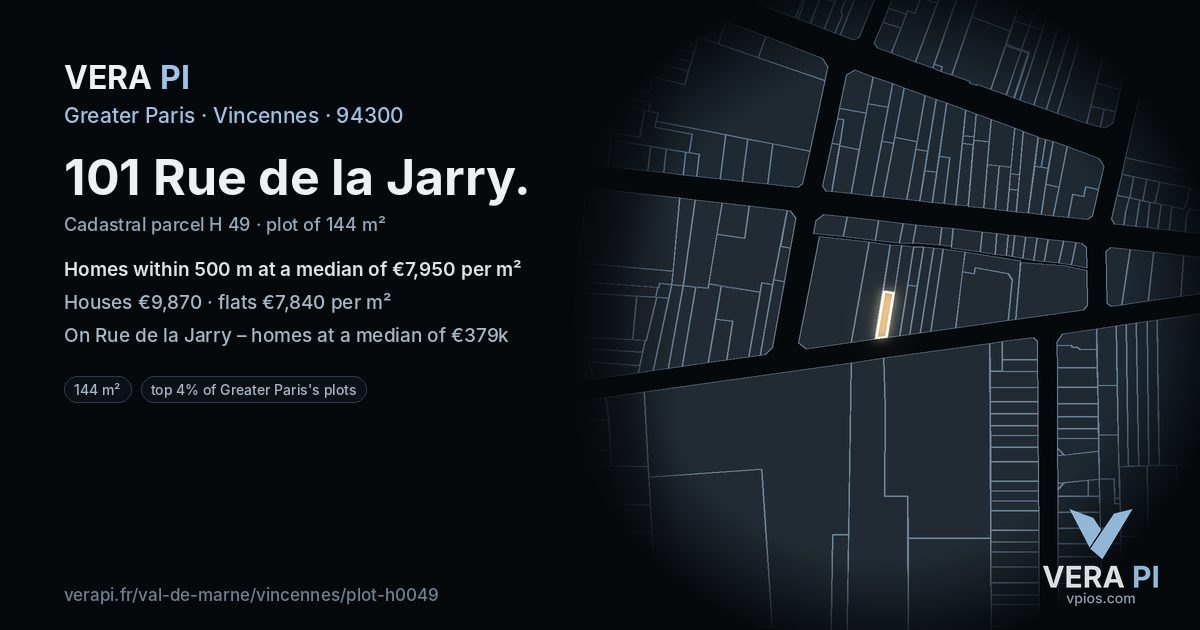 101 Rue de la Jarry, Vincennes at night – the plot lit, the parcels around coloured by the prices near them