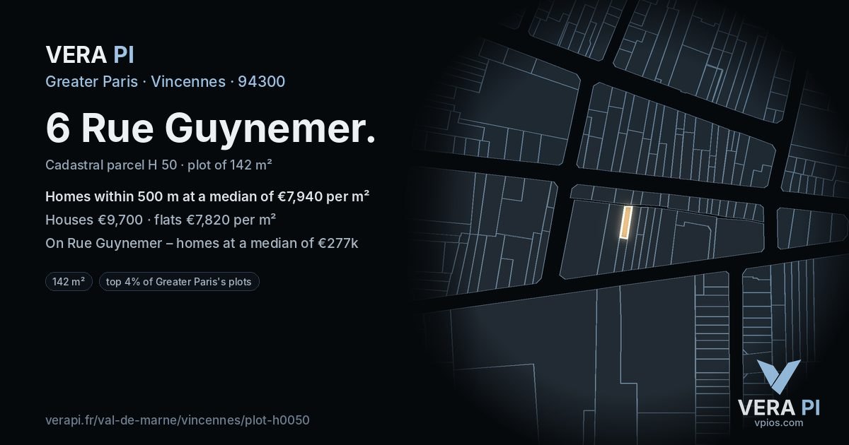 6 Rue Guynemer, Vincennes at night – the plot lit, the parcels around coloured by the prices near them