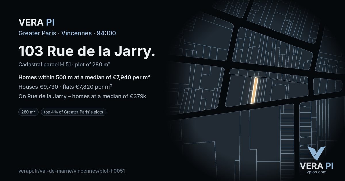 103 Rue de la Jarry, Vincennes at night – the plot lit, the parcels around coloured by the prices near them