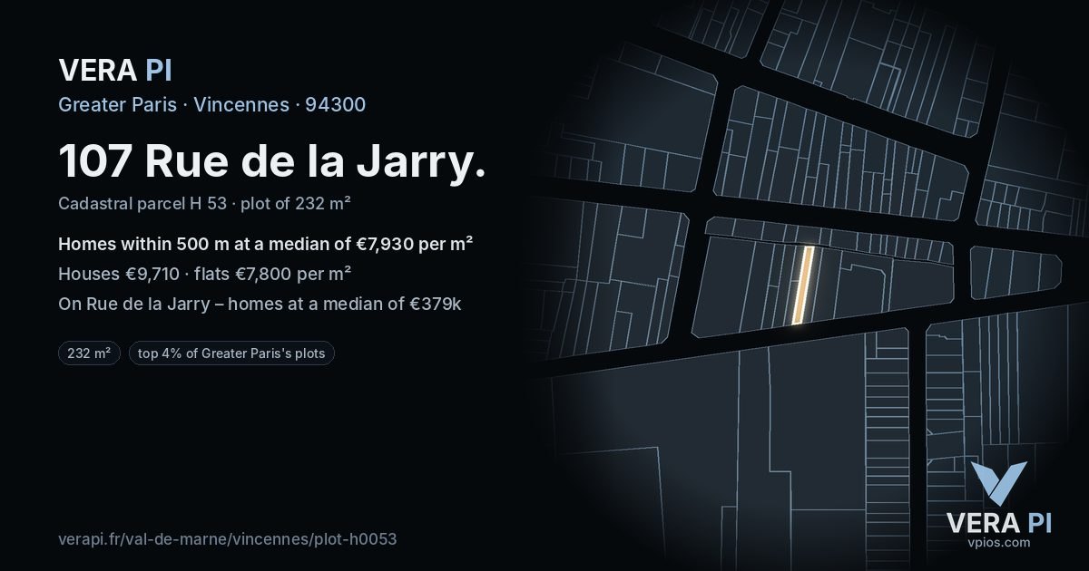 107 Rue de la Jarry, Vincennes at night – the plot lit, the parcels around coloured by the prices near them