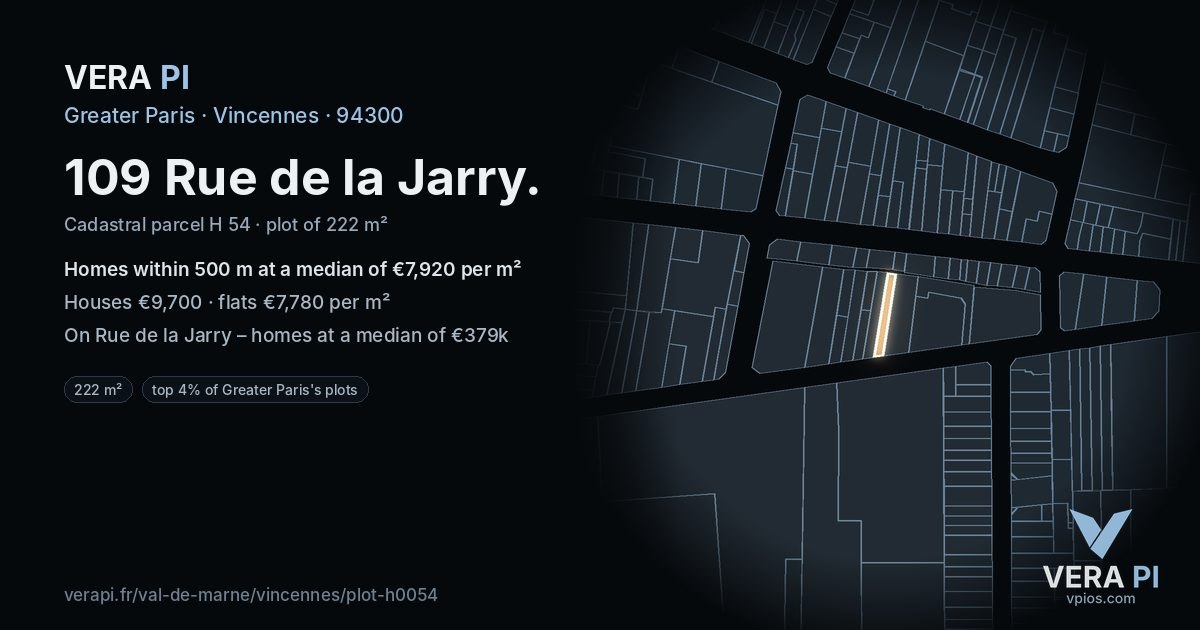 109 Rue de la Jarry, Vincennes at night – the plot lit, the parcels around coloured by the prices near them