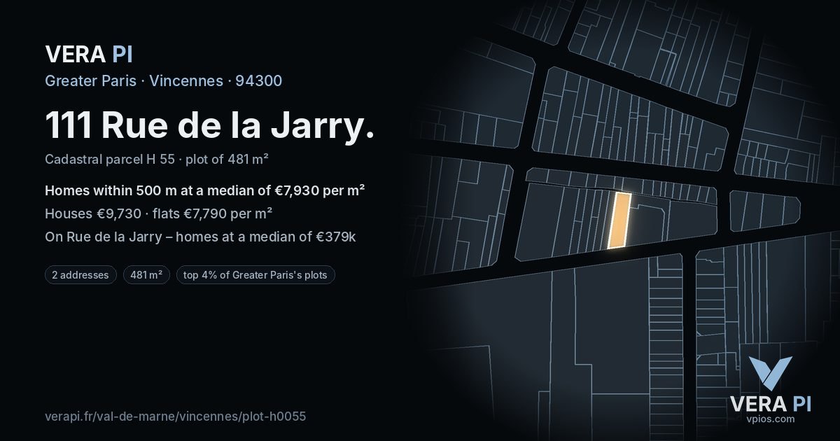 111 Rue de la Jarry, Vincennes at night – the plot lit, the parcels around coloured by the prices near them
