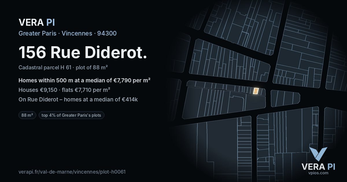 156 Rue Diderot, Vincennes at night – the plot lit, the parcels around coloured by the prices near them