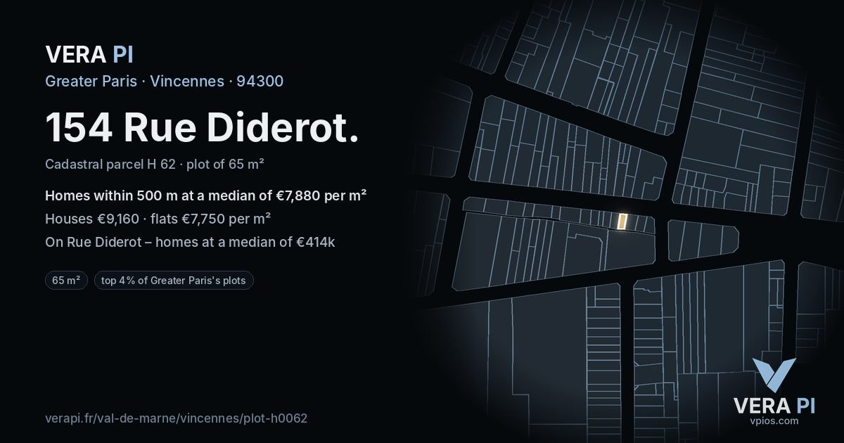154 Rue Diderot, Vincennes at night – the plot lit, the parcels around coloured by the prices near them