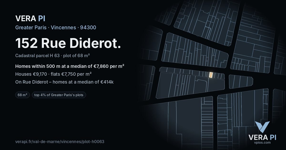 152 Rue Diderot, Vincennes at night – the plot lit, the parcels around coloured by the prices near them