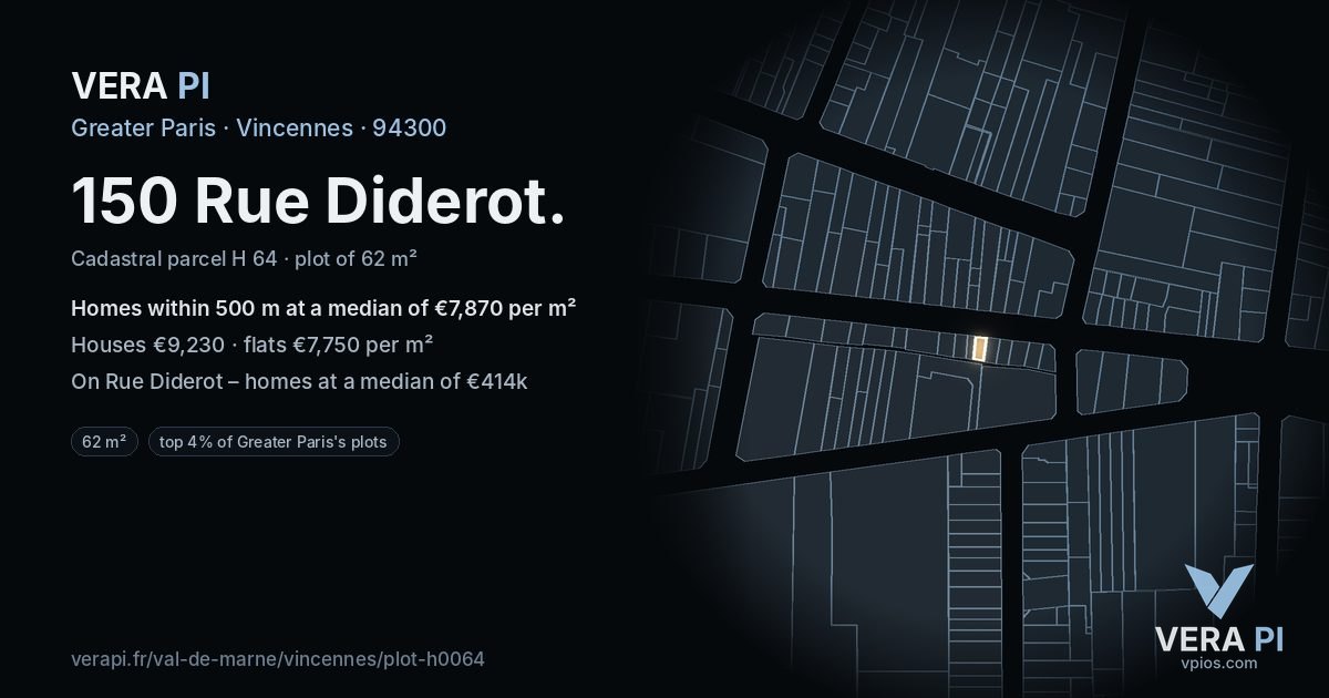 150 Rue Diderot, Vincennes at night – the plot lit, the parcels around coloured by the prices near them