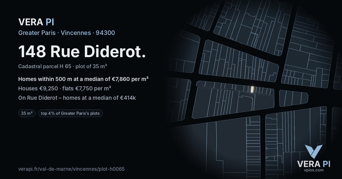 148 Rue Diderot, Vincennes at night – the plot lit, the parcels around coloured by the prices near them
