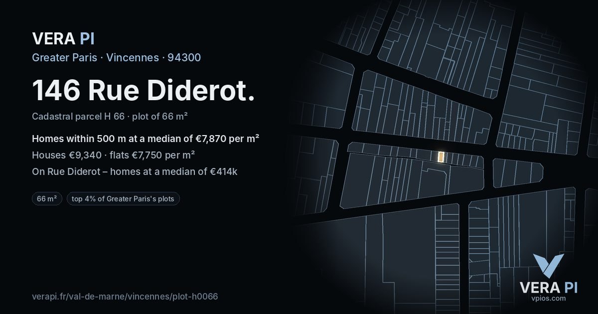146 Rue Diderot, Vincennes at night – the plot lit, the parcels around coloured by the prices near them