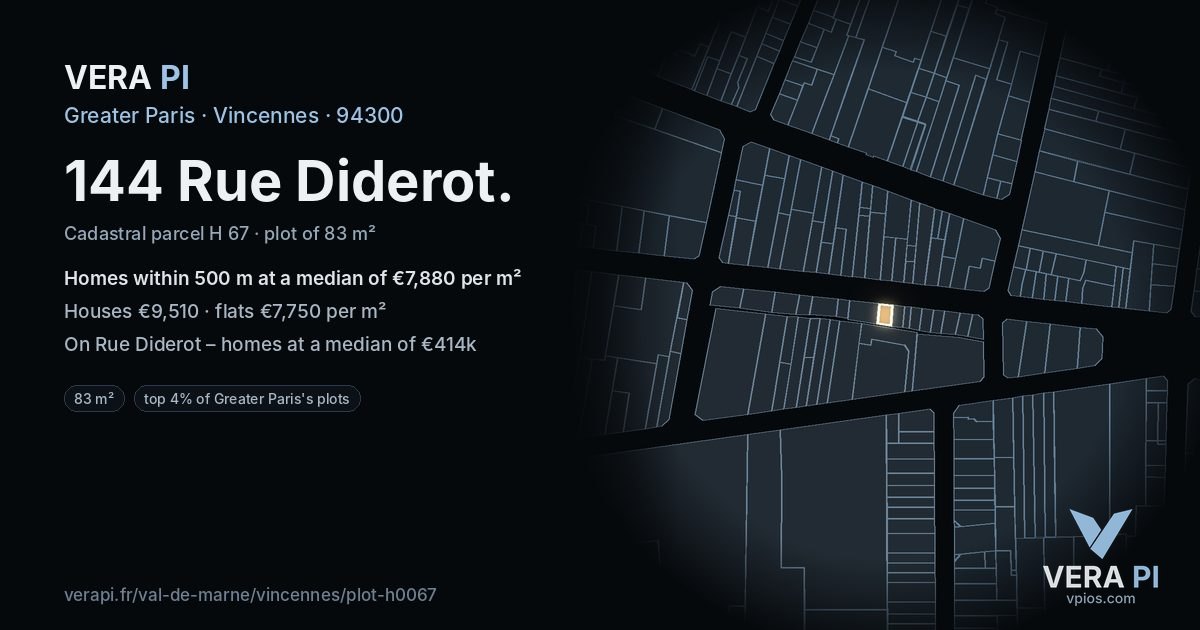 144 Rue Diderot, Vincennes at night – the plot lit, the parcels around coloured by the prices near them