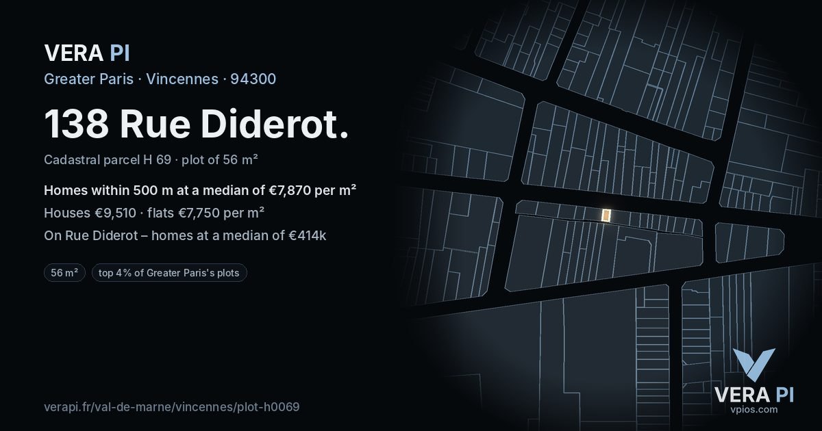 138 Rue Diderot, Vincennes at night – the plot lit, the parcels around coloured by the prices near them