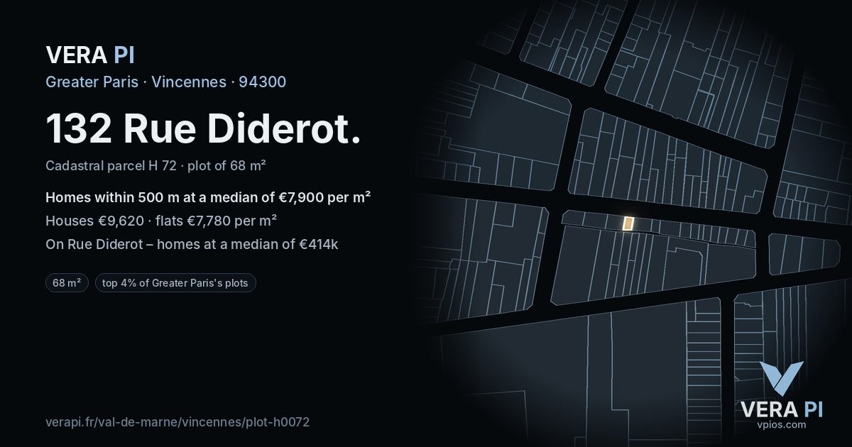 132 Rue Diderot, Vincennes at night – the plot lit, the parcels around coloured by the prices near them