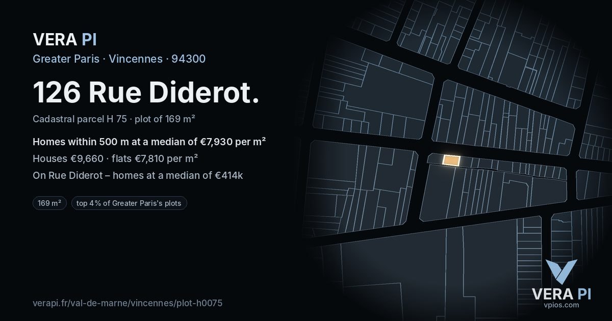 126 Rue Diderot, Vincennes at night – the plot lit, the parcels around coloured by the prices near them